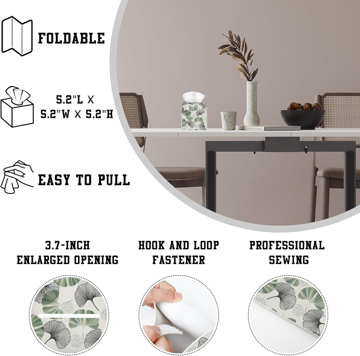 Gingko Leaf Tissue Box Cover Square, Green Leaves Tissue Box Holder Leather Facial Paper Case Decorative Organizer Holder Dispenser Home Office Car Decor