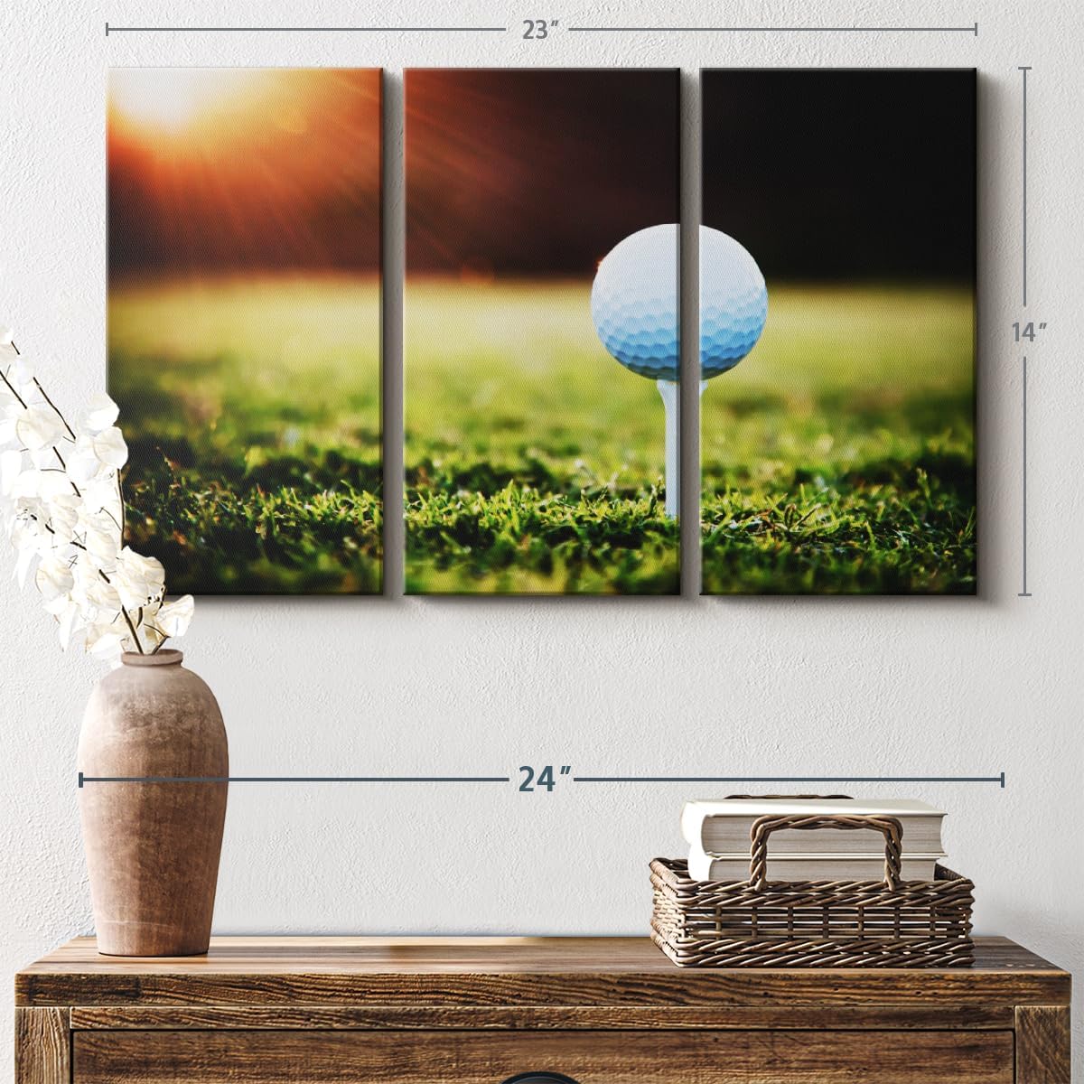ElephantStock Golf Ball Tee Wall Art - Horizontal Canvas - 3-Piece Living Room Wall Decor - Photography Photographic Canvas Print - Black and White Decor for Wall - 23" X 14"