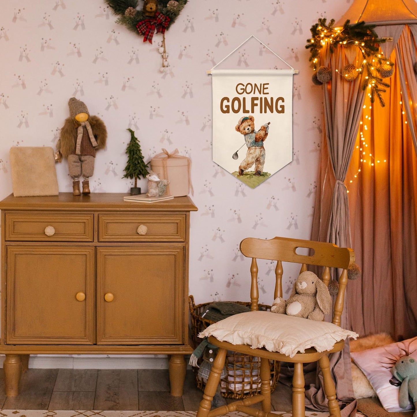 ArtisaEura Bear Nursery Golf Wall Canvas Banners, Bear Nursery Decor, Gone Golfing Hanging Display Pennant Banner Flags, Cute Animals Wall Decor for Kids Room Bedroom Playroom