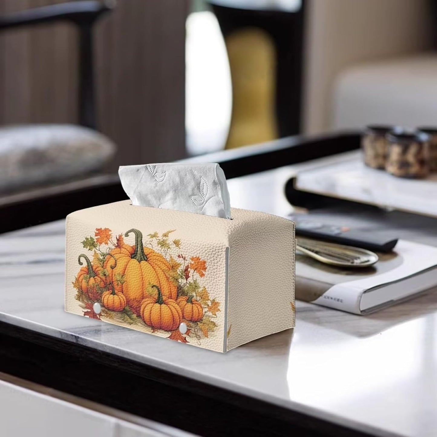Fall Tissue Box Cover Rectangle with Storage Pumpkin Cute Design Tissue Box Covers Cube Tissue Box Holder for Car Bathroom Decoration Accessory Soft PU Leather