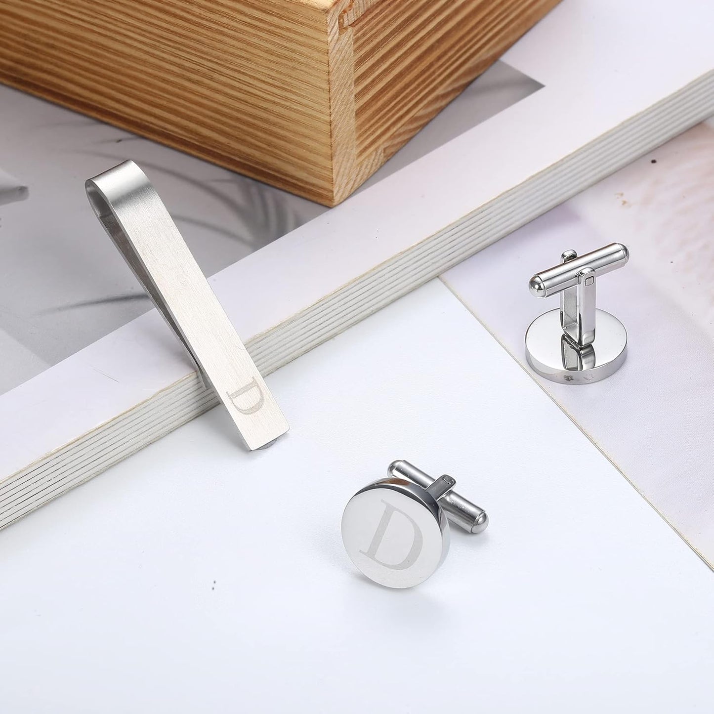 LOYALLOOK Stainless Steel Engraved Initial Cufflinks and Tie Clip Bar Set Alphabet Letter With Gift Box A-Z