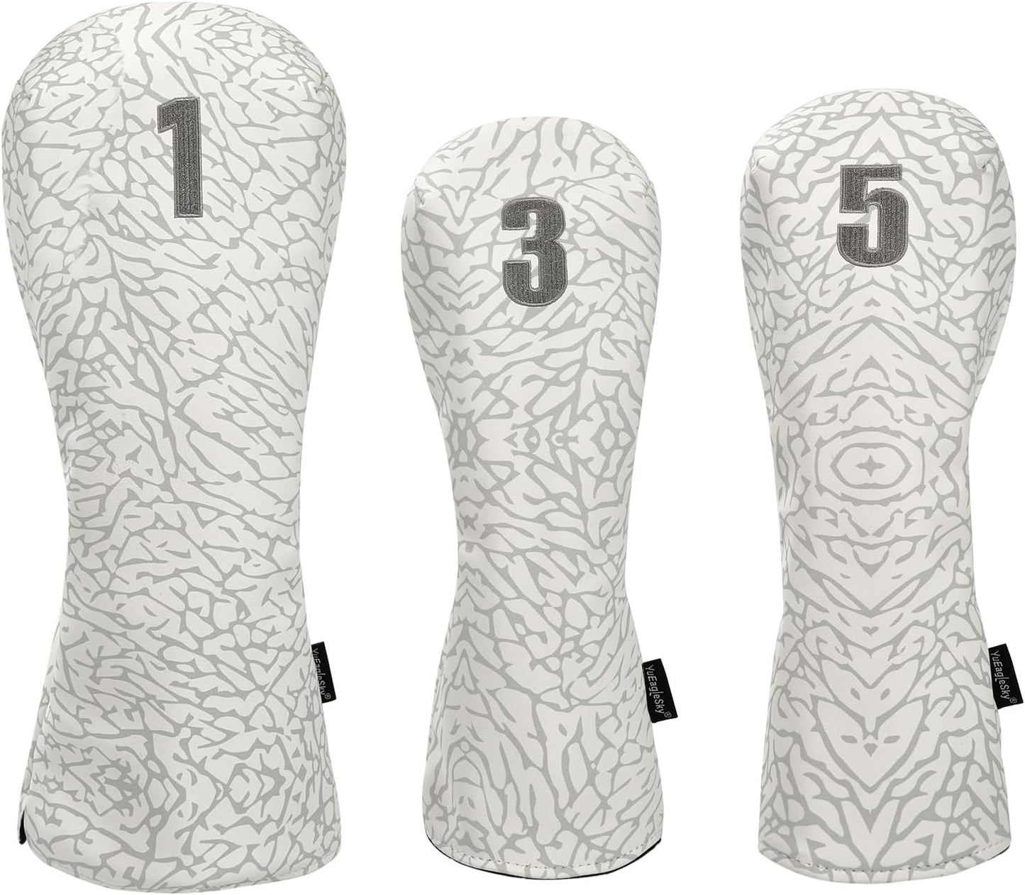 Golf Driver Head Covers 3-Pack for Men & Women - Premium PU Leather with Elephant Embroidery, Double Elastic Band (Driver/Fairway/Hybrid), Waterproof & Durable - White Grey or Black Grey