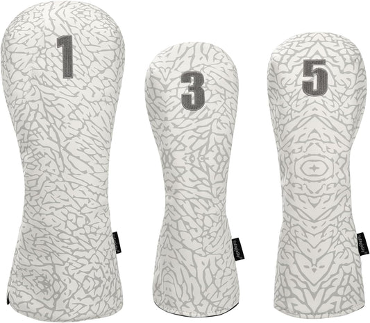 Golf Driver Head Covers 3-Pack for Men & Women - Premium PU Leather with Elephant Embroidery, Double Elastic Band (Driver/Fairway/Hybrid), Waterproof & Durable - White Grey or Black Grey