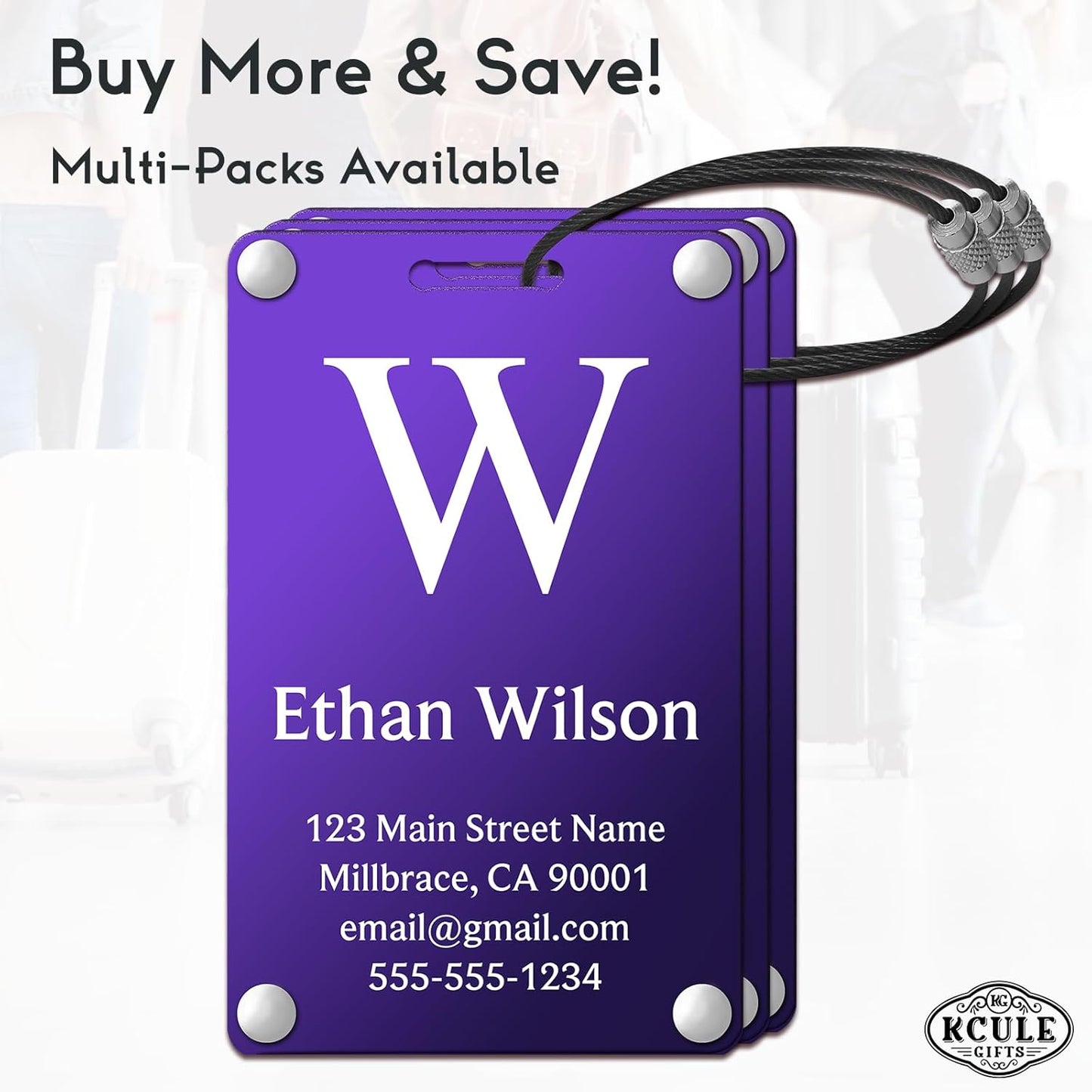 Personalized Luggage Tags: Custom Metal Luggage Tags for Suitcases, Backpacks and Bags with Your Personalized Text (Purple)