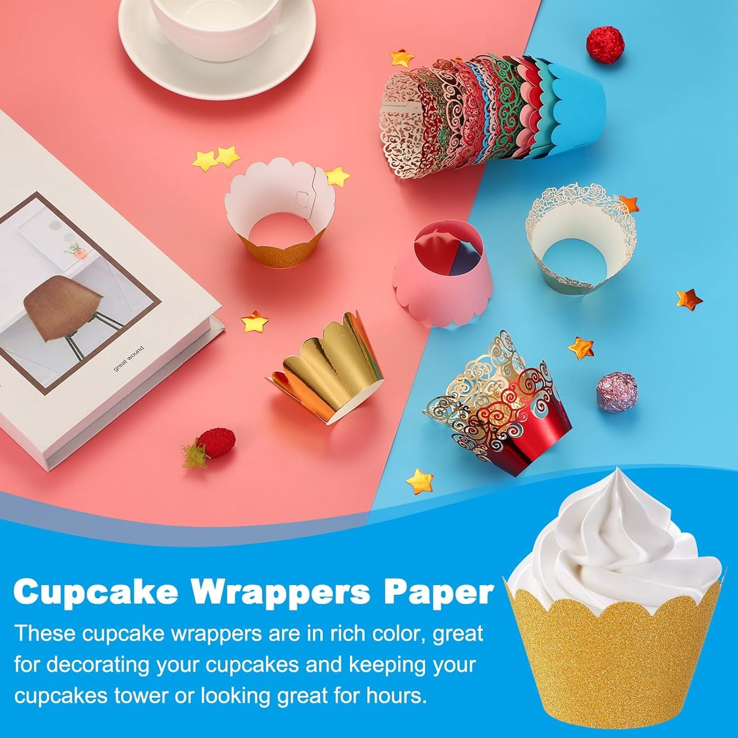 PATIKIL Cupcake Wrappers Paper, 50 Pack Baking Cups Standard Wave Decoration for Anniversary Birthday Weddings and Parties, Light Gold