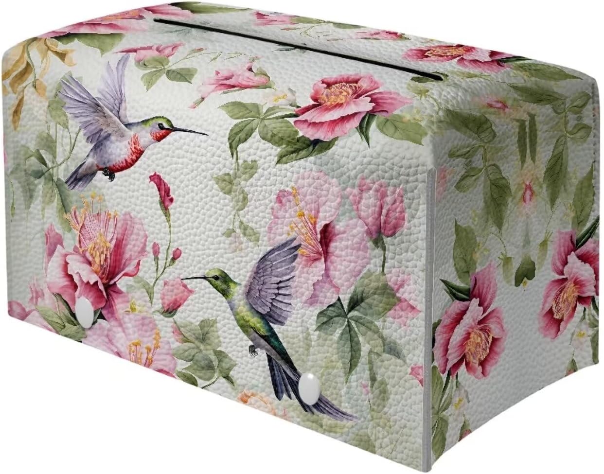 Leather Tissue Box Cover Floral Hummingbird PU Leather Tissue Cover Decorative Organizer Portable for Travel Tissue Box with Bottom Belt for Tabletop，Countertop，Night Stands