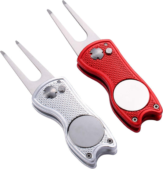 2 Pack Metal Foldable Golf Divot Tool with Pop-up Button & Magnetic Ball Marker (Pack of 2, Fish Design)