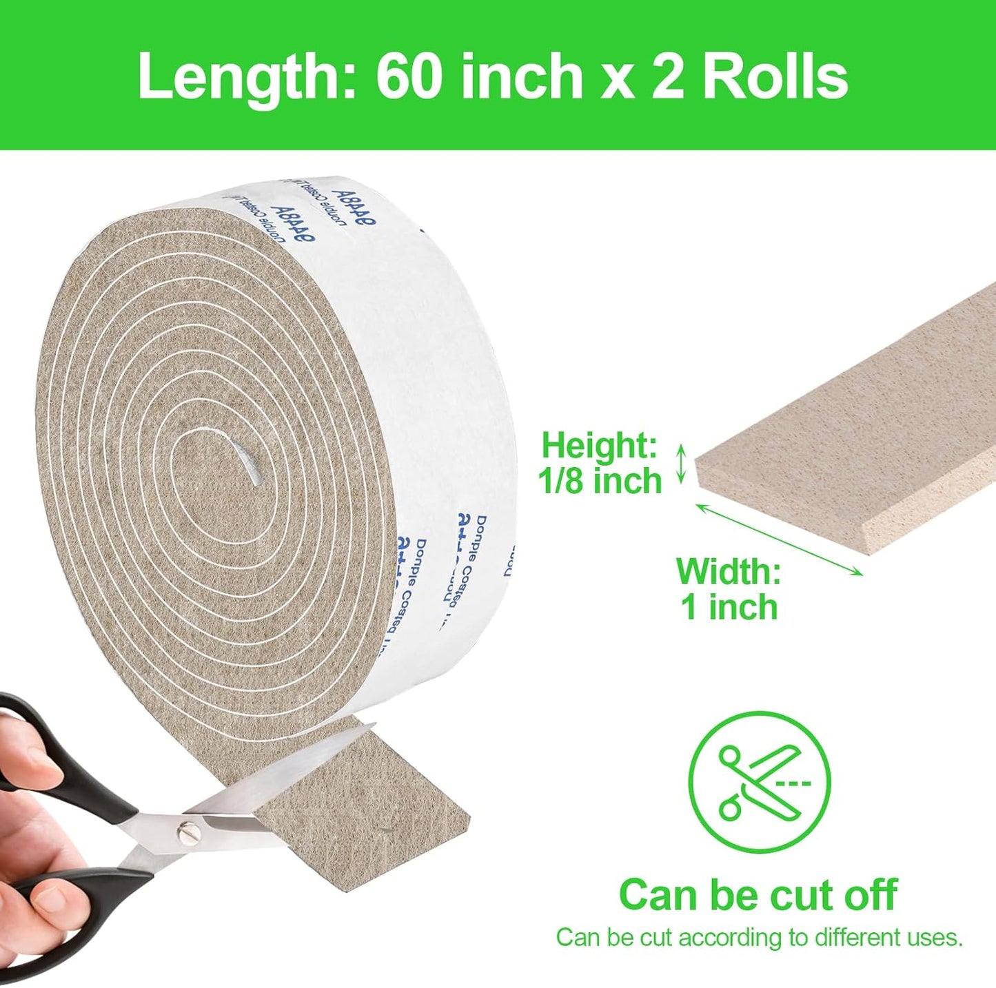 Felt Strips with Adhesive Backing, 2 Rolls 1x60 Inches Beige, Felt Tape with Adhesive Backing, Furniture Felt Strips