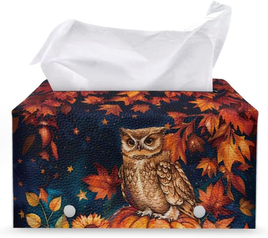 Thanksgiving Tissue Box Cover Fall Leaf & Owl Tissue Cover PU Leather Facial Paper Organizer with Bottom Belt Napkin Holder Holiday Decor for Home, Tabletop, Night Stands