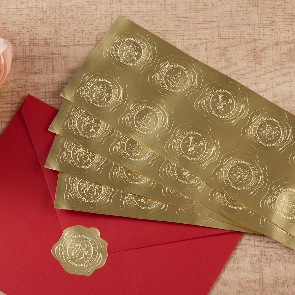 300 Pieces Embossed Gold Foil Stickers Gold Stickers for Envelopes, Wedding Invitations, Christmas Greeting Cards Envelopes (Gold Christmas)