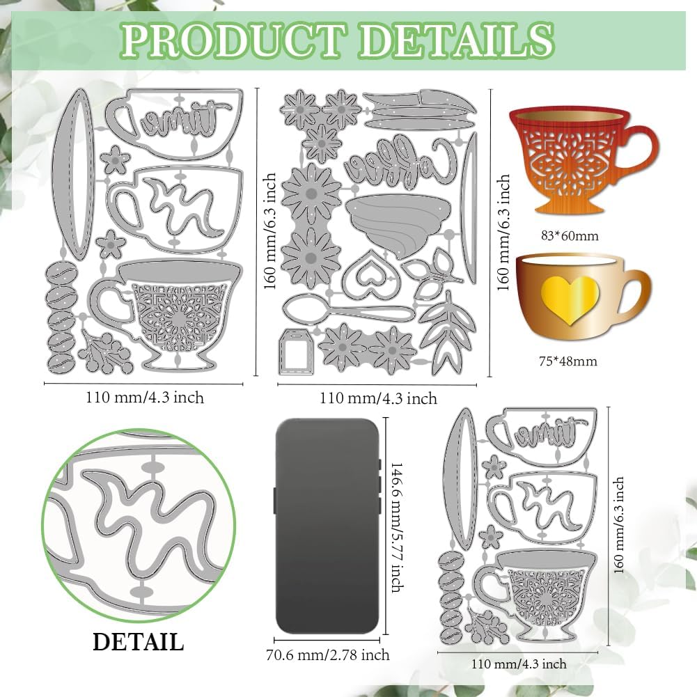 MAYJOYDIY Coffee Cup Cutting Dies Saucer Spoon Metal Die Cuts Template Flowers Daisy Colored Cream Embossing Carbon Steel Stencils for Card Making Scrapbooking Album Handbook Gift Decoration