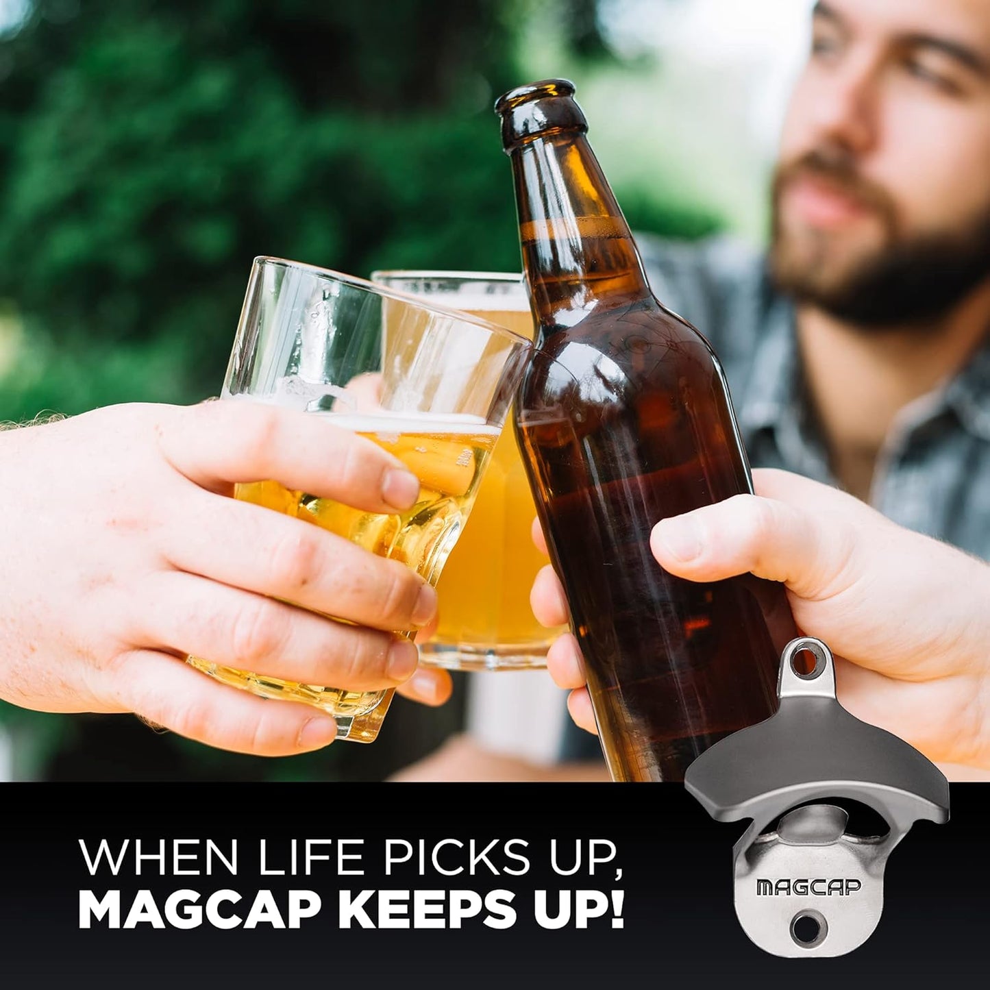 Outdoor Bottle Opener Wall Mounted - Style Magnetic Beer Bottle Opener that Catches Caps - Easy to Install and Incredibly Convenient