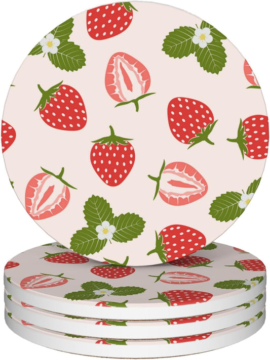 Coasters for Drinks,Strawberry Fruit Strawberries Pink Absorbent Coaster Set of 4 with Cork Base,Ceramic Drink Coasters for Cold Drinks Wine Glasses Cups Mugs,Housewarming Gifts for Home Decor