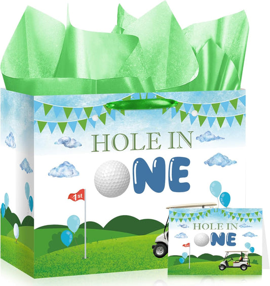 Hole in One Birthday Decorations Hole in One Gift Bag Golf First Party Bag Green 1st Birthday Wrapping Bag with Greeting Card and Tissue Papers for Boys Girls Newborn Baby Shower One Year Old Themed Bday Party Supplies