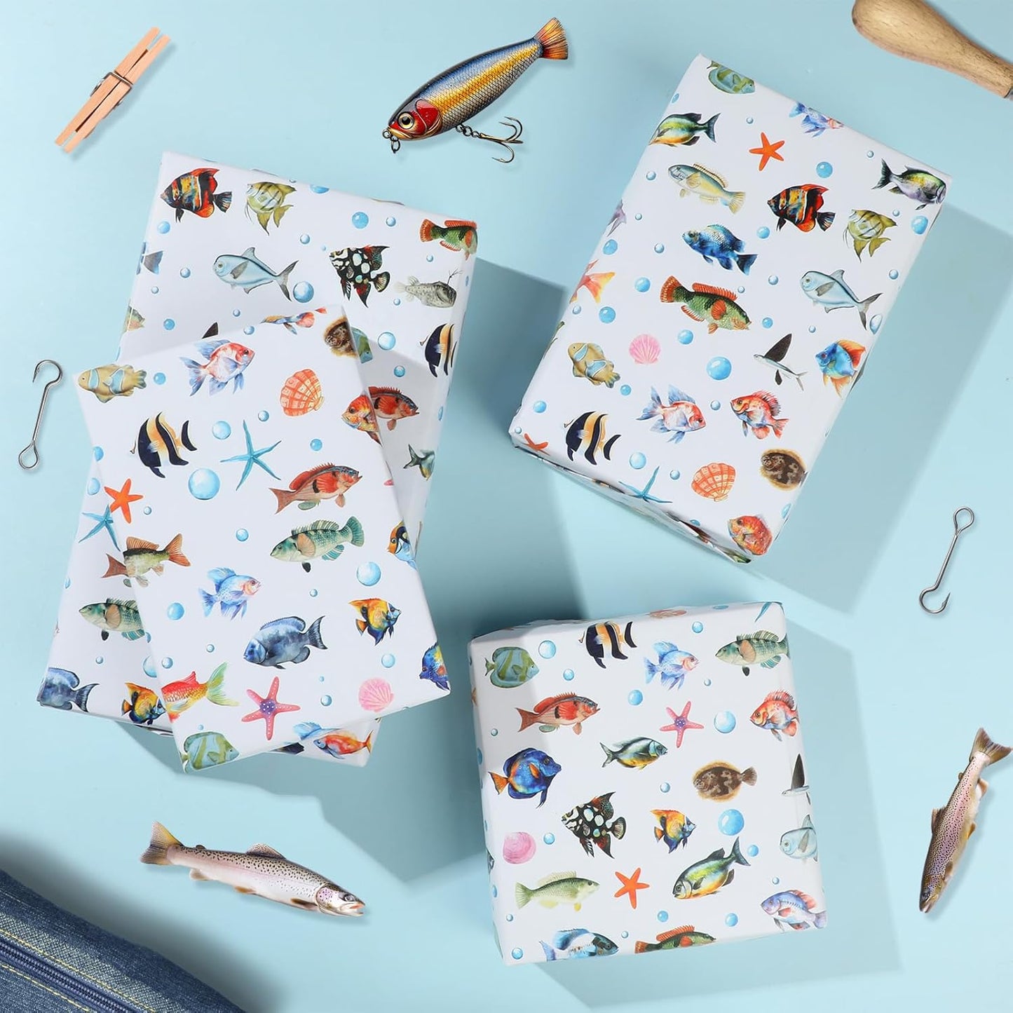 Fish Wrapping Paper Roll - Watercolor Colorful Ocean Theme Gift Wrap for Beach Parties,Birthdays,Baby Showers,17Inch x16.4Feet