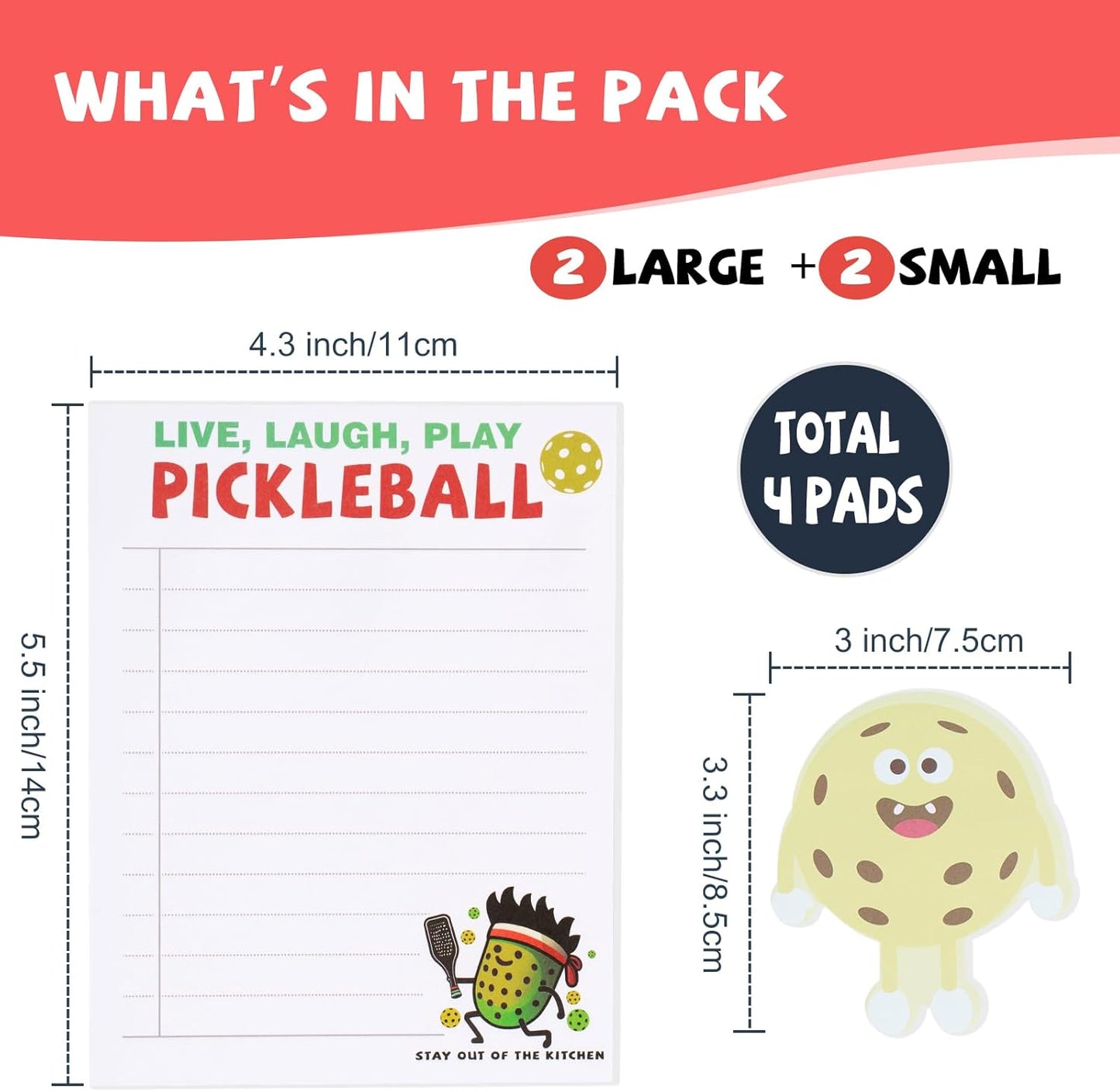 4 Pickleball Sticky Memo Notepads, 2 Cute Original Designs, Funny Pickle Ball Gifts for Men Women, Tournament Giveaways Round Robin Ideas, Inspirational Ornament Accessories, Kauai Sun™