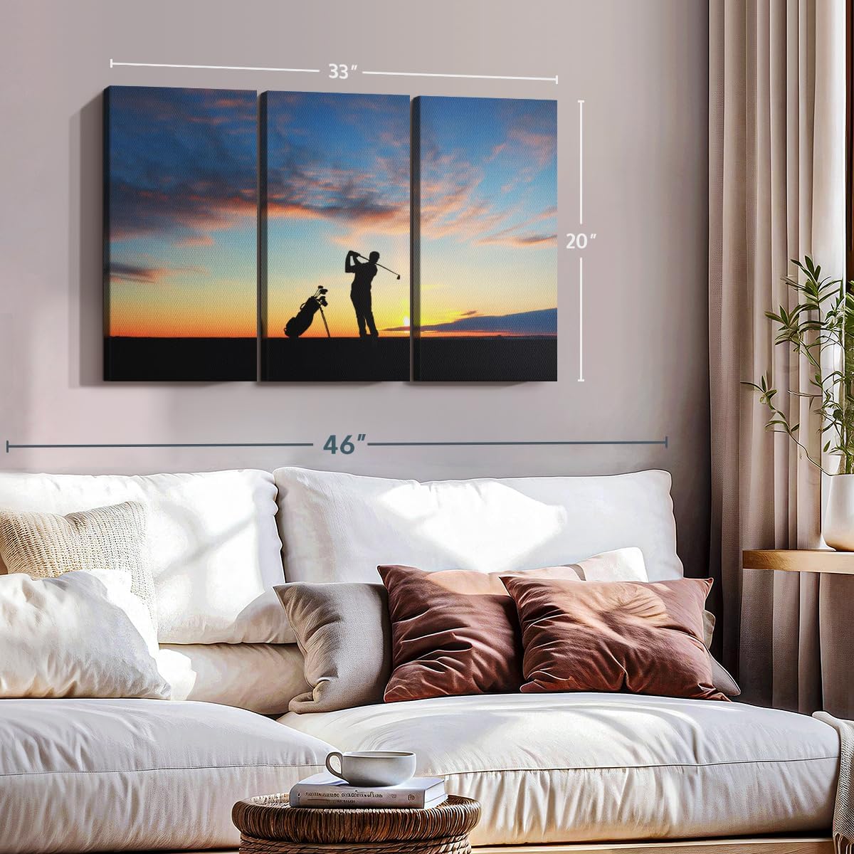 ElephantStock Golfing At Sunset Wall Art - Horizontal Canvas - 3-Piece Living Room Wall Decor - Golf Photography Canvas Print - Black and Orange Decor for Wall - 33" X 20"