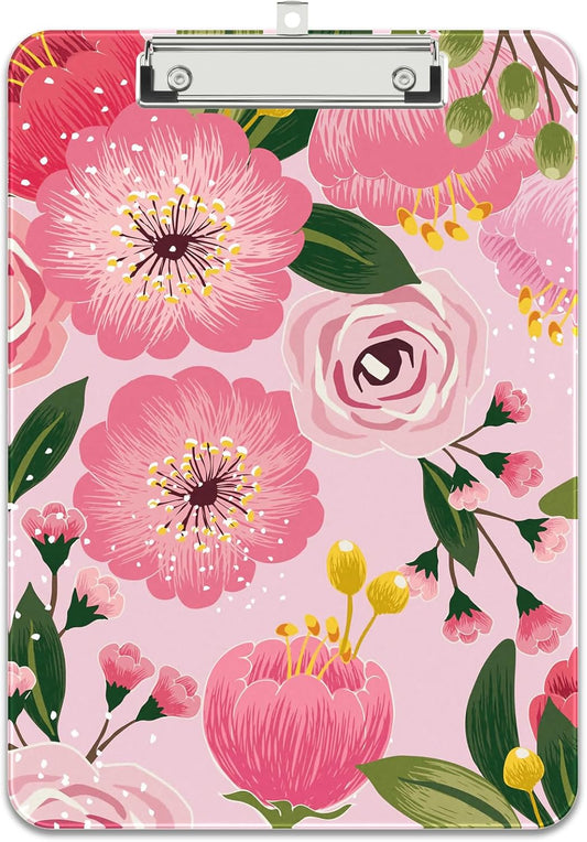 Rimilak Plastic Clipboards with Metal Clip, A4 Letter Size 9 x 12.5 in, Office Decorative for Students Women Men and Kids, Cute Custom Pattern, Pink Flower
