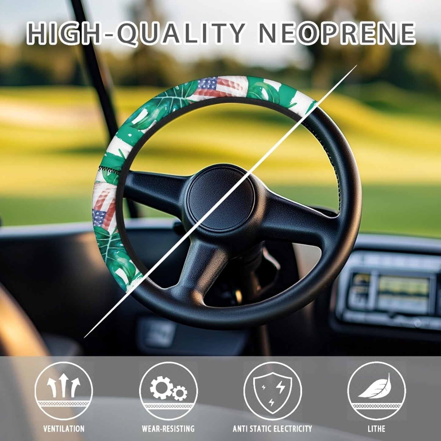 USA Flag Golf Ball Golf Cart Steering Wheel Cover Palm Leaves Neoprene Golf Cart Steering Wheel Covers Accessories for Club Car