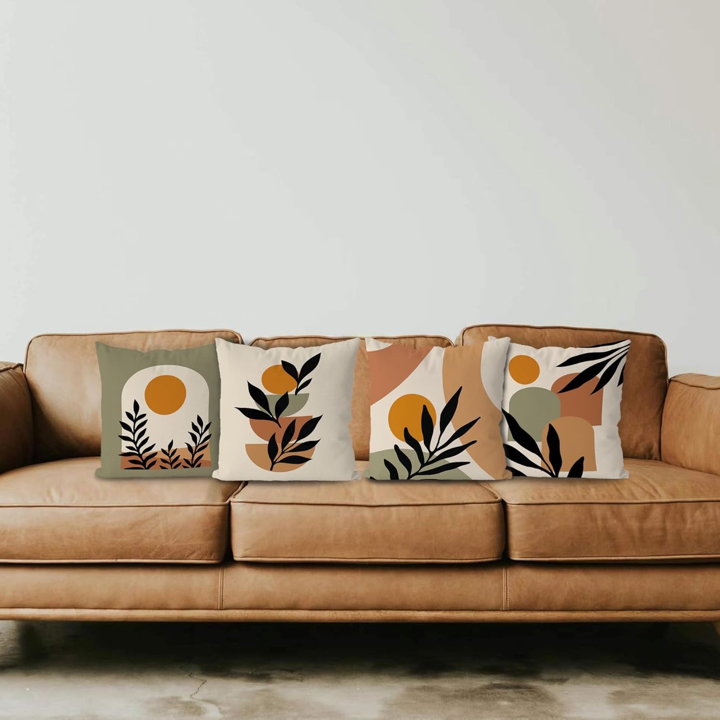 KEUSPI Boho Pillow Covers, Boho Mid Century Sun Botanical Leaf Mountain Nature Throw Pillow Covers,Throw Pillow Covers 18×18 Set of 4,Bohemian Home Decor,Bohemian Gifts for Women Girls