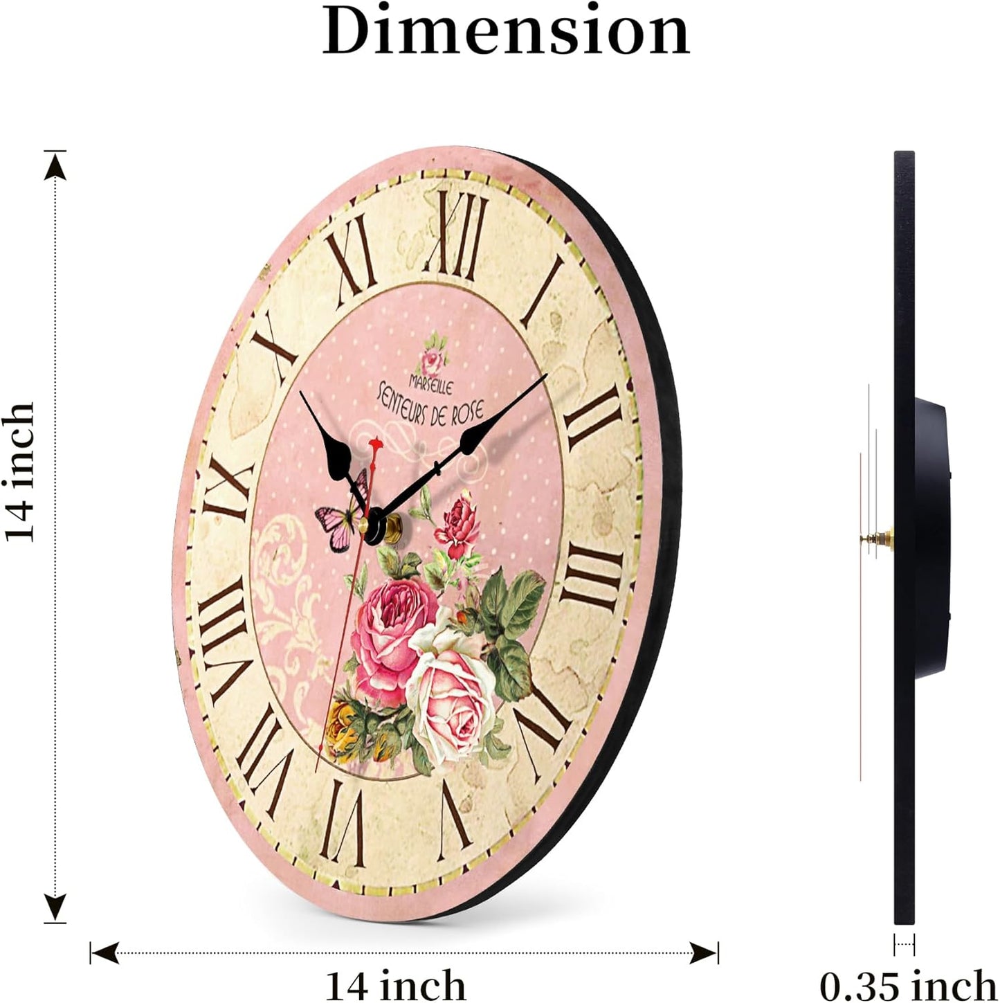 VIKMARI Home 14 Inch Battery Operated Silent Non-Ticking Vintage Wall Clock Design Wooden Round Roman Numerals Indoor Clocks Rose Pink Style Wall Clocks
