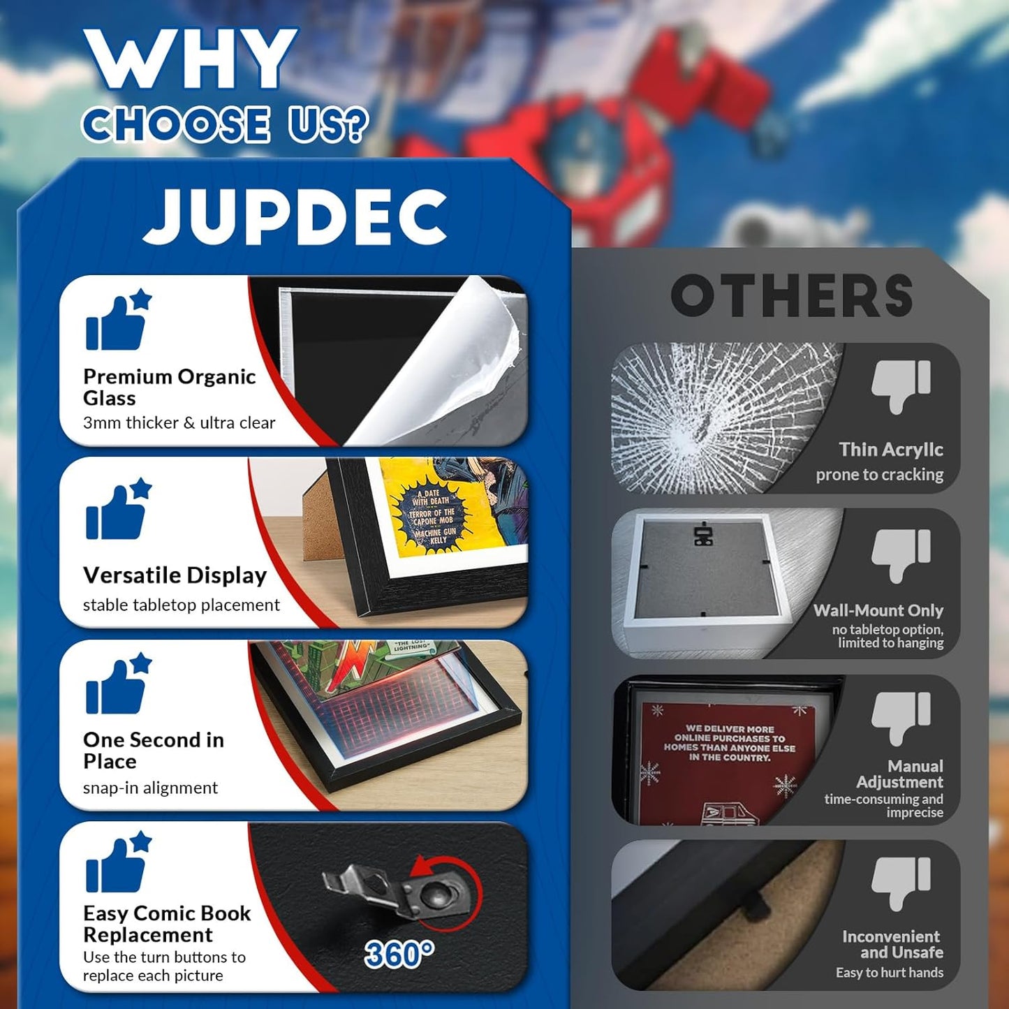 JupDec Comic Book Frame, Premium Wood Display Case for 6 11/16" × 10 3/16" Comic, Wall Mount or Tabletop Stand, Layered Design with Positioning Mat, Perfect for Home Decor, 2 Pack, White