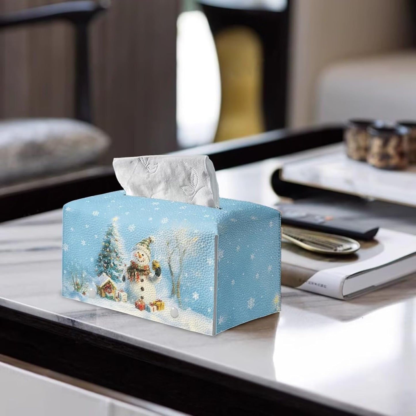 Cute Snowman Tissue Box Cover Christmas Tissue Box Leather Tissue Box Cover Rectangle 9x5x5 Modern Home Decor for Home Car Hotel Office Bathroom