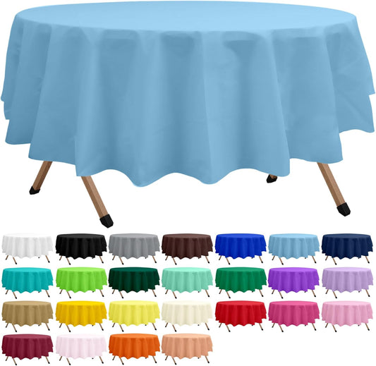 2 Pack Light Blue Premium Plastic Tablecloth Round 84 Inches Reusable Baby Sky Blue Decorative Table Cover for Dining, Wedding, Party, Indoor and Outdoor use