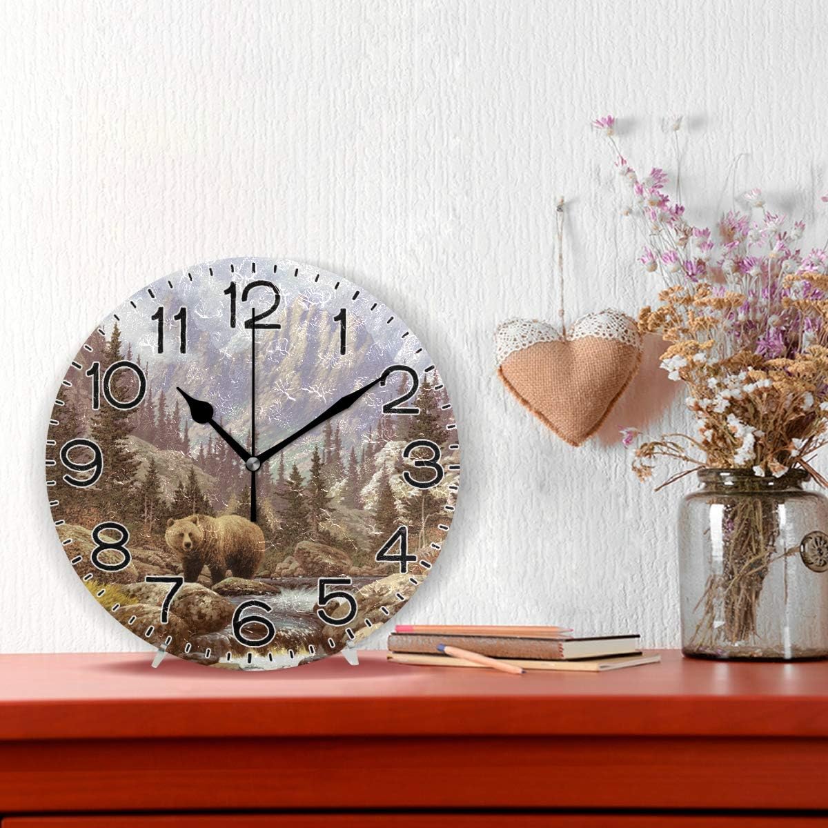 Grizzly Bear Wall Clock Battery Operated Non Ticking Silent Quartz Analog Rustic Farmhouse Round Clock Retro Decor for Home Kitchen Living Room Bathroom