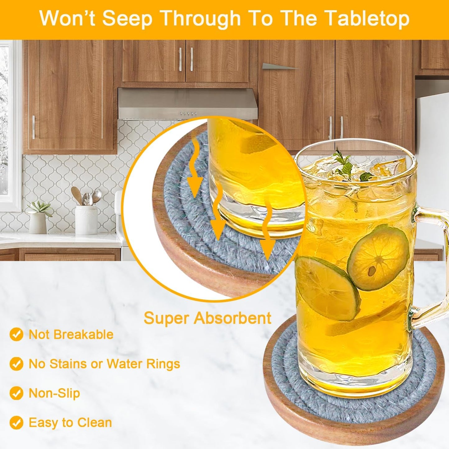 Drink Coasters Set of 5, Coasters for Drinks Absorbent, Wood Coasters for Coffee Table, Housewarming Gift for Farmhouse Home Decor,4 inches (Brown & Gray)