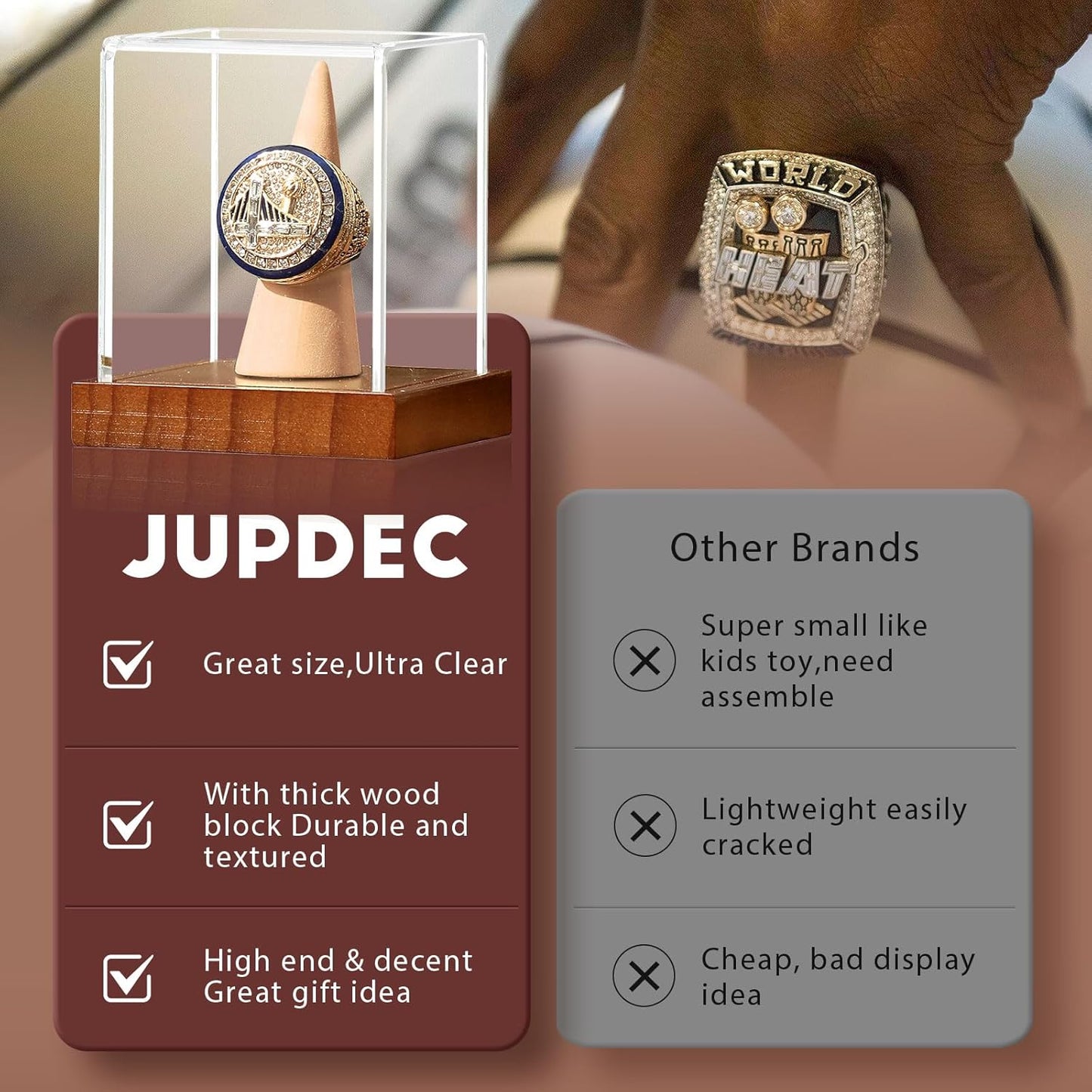 JupDec Championship Ring Display Case, Clear Acrylic Single Ring Holder with Wood Stand Base for Sports Basketball Baseball Fan Souvenirs Military, UV Protection