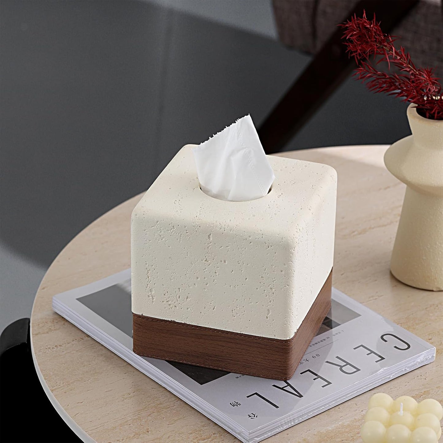 Tissue Box Cover Rectangle, Resin Facial Tissue Holder Covers Toilet Paper Holder Decorative Paper Dispenser Home Decor for Bathroom Bedroom Living Room Office (Off White with Leather)