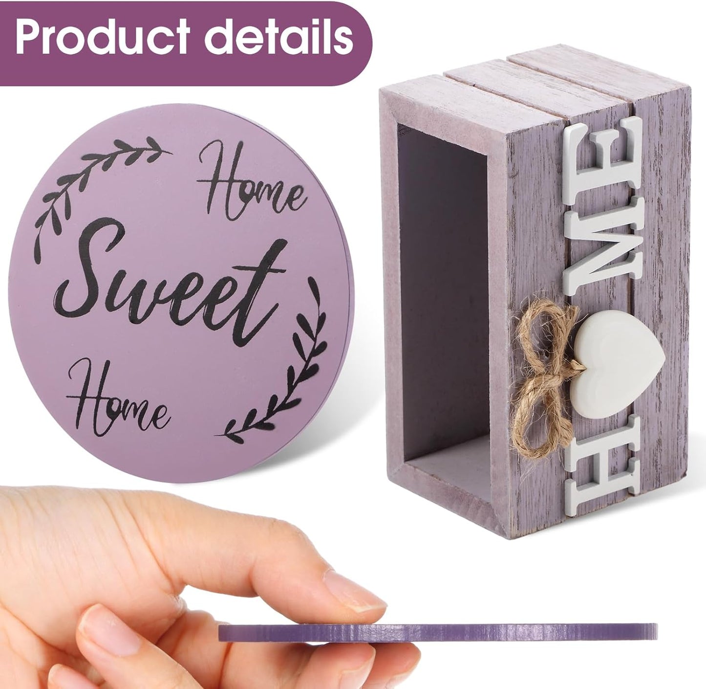 Queekay Housewarming Gifts for Home Decoration Wooden Heart Coasters for Drinks 6 Set Farmhouse Coasters with Holder Funny for Family Coffee Table Protection, 4''(Purple)