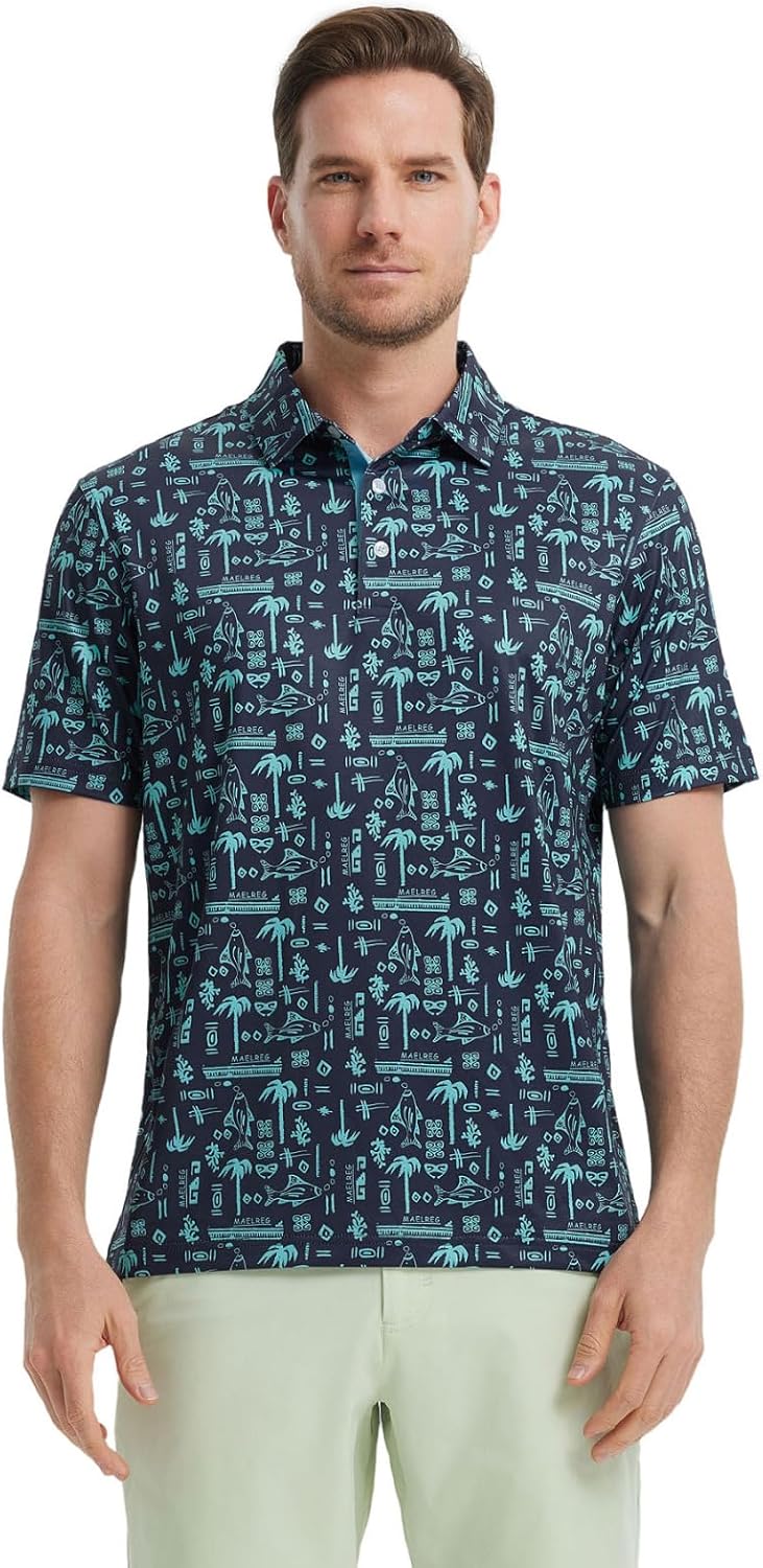 Golf Shirts for Men Dry Fit Short Sleeve Print Performance Moisture Wicking Polo Shirt