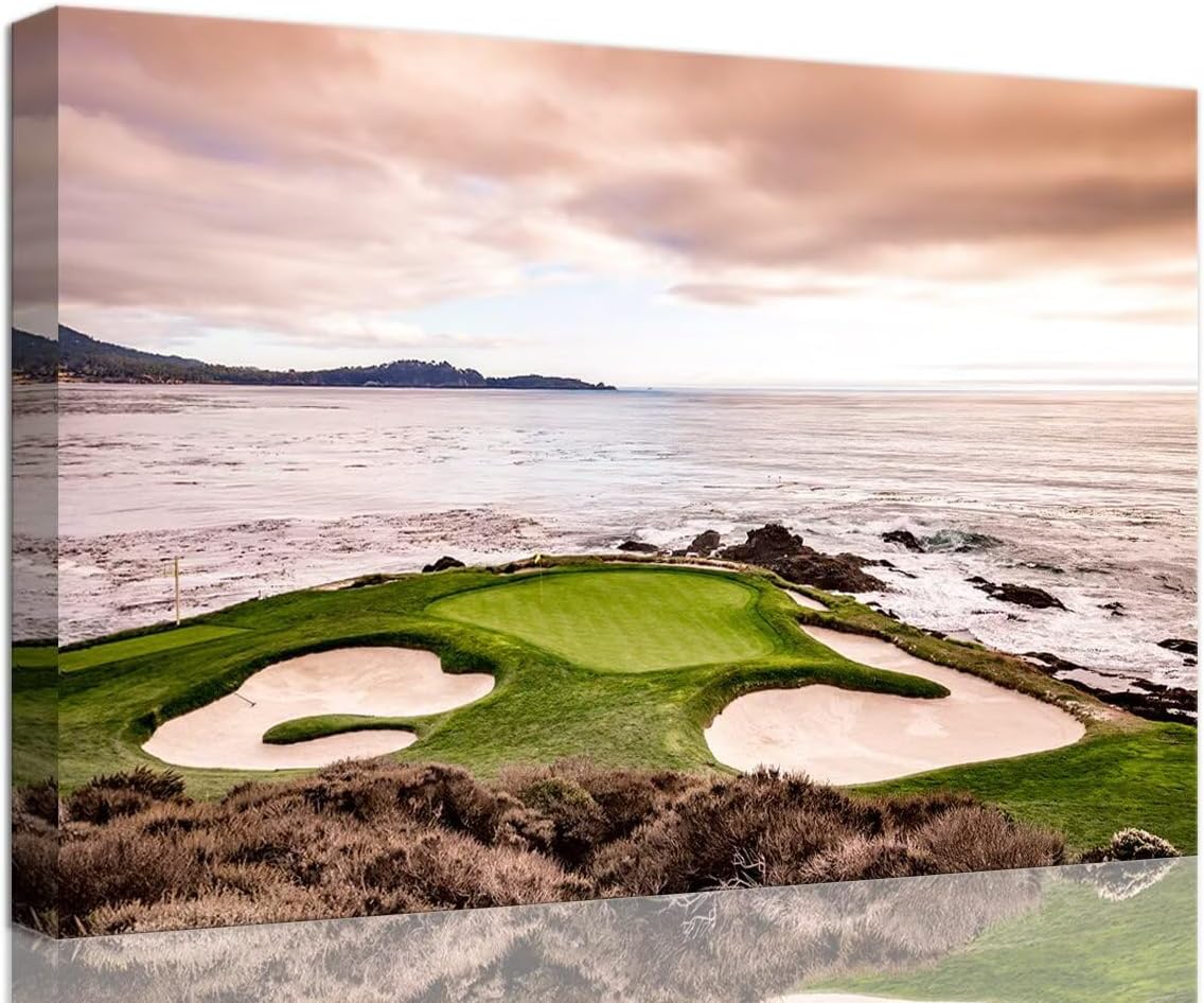 USA California Golf Course Wall Art for Living Room Bedroom Bathroom Home Decorations Coastline Golf Course Greens and Bunkers Picture Poster Framed Artwork Canvas Prints Ready to Hang(12''H x 16''W)