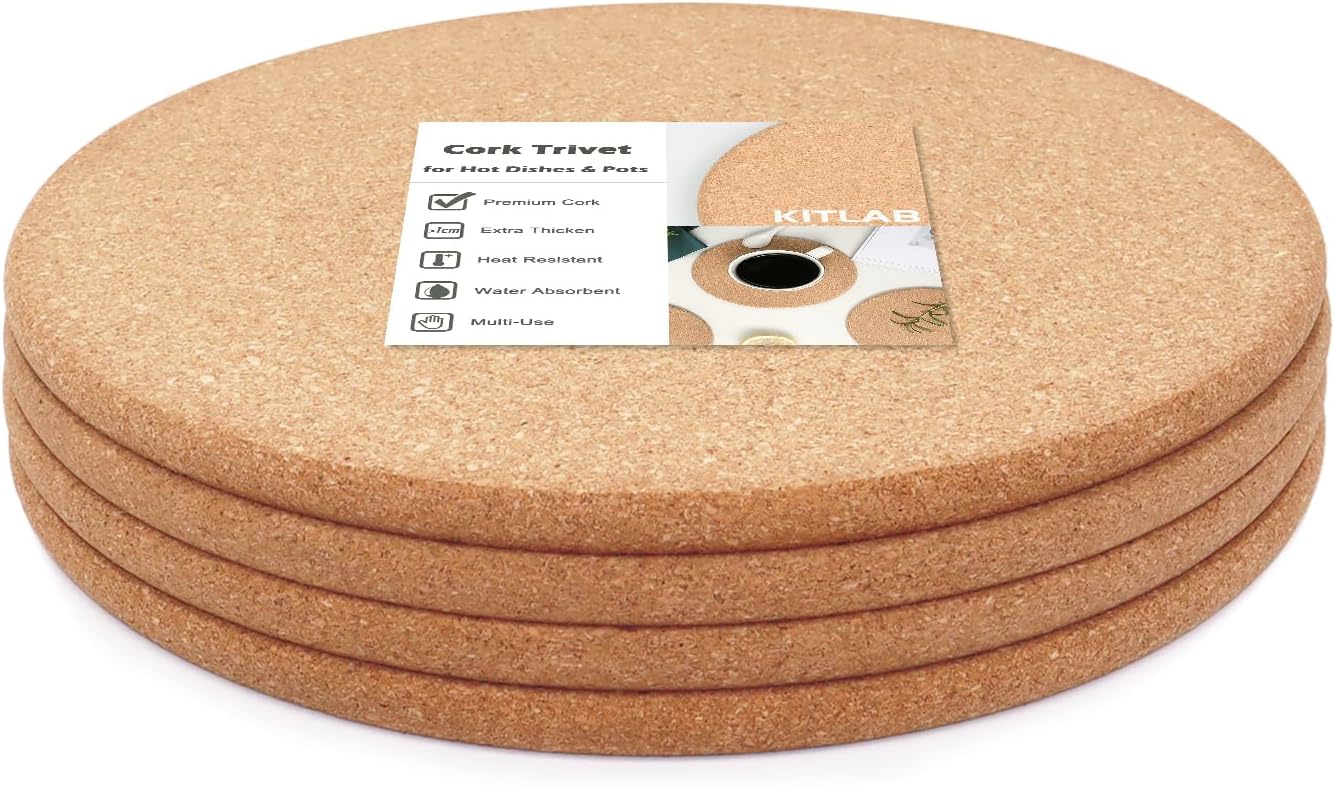 Cork Trivet, 4 Pcs High Density Thick Cork Trivets for Hot Dishes, 10 Inch Heat Resistant Large Coaster for Kitchen, Hot Pads for Table & Countertop