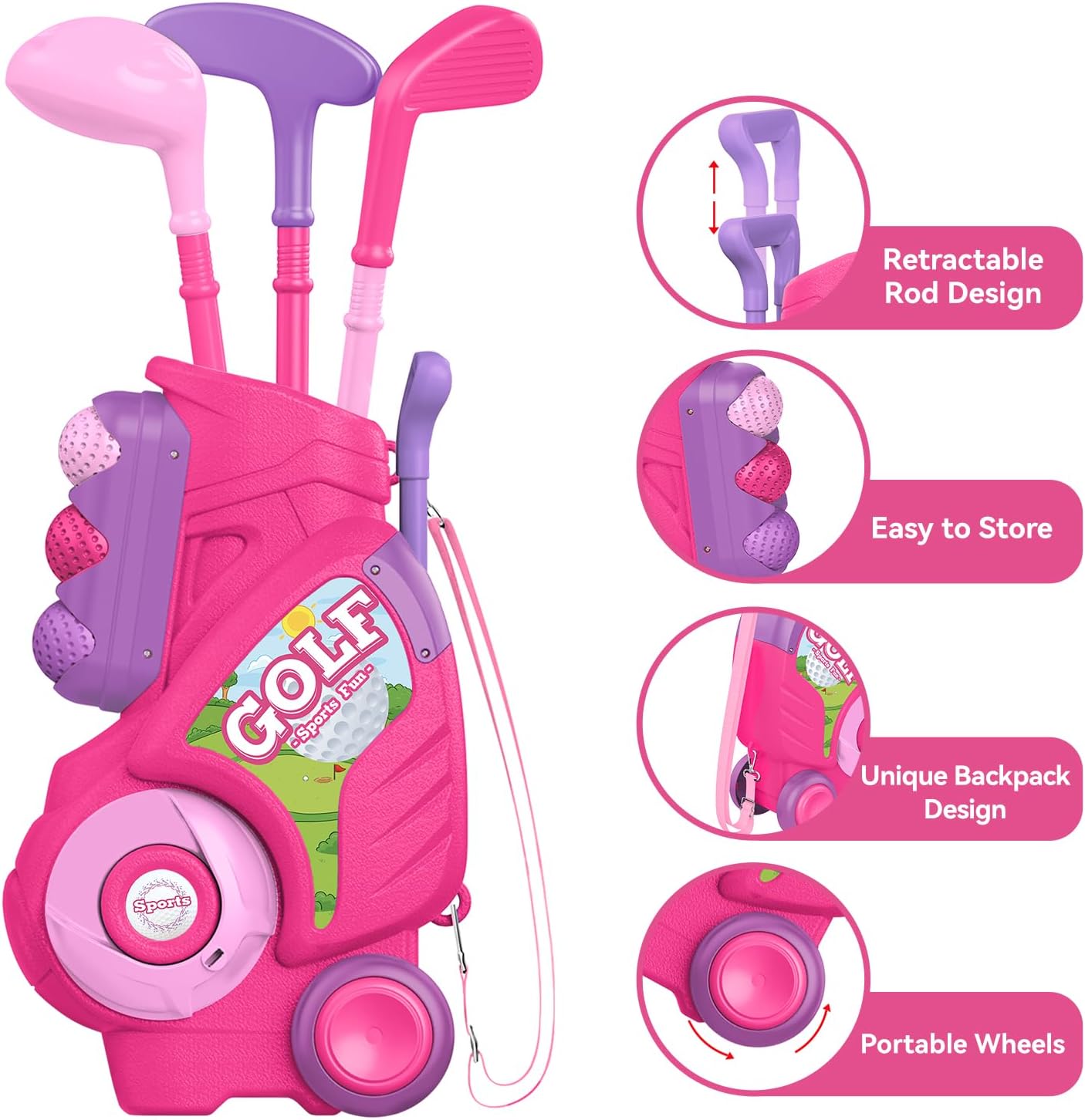Liberry Toddler Golf Set for 2 3 4 Years Old Girls Boys, Upgraded Kids Golf Cart with Golf Cornhole Board & Putting Mat, Indoor and Outdoor Golf Toys Birthday, Pink