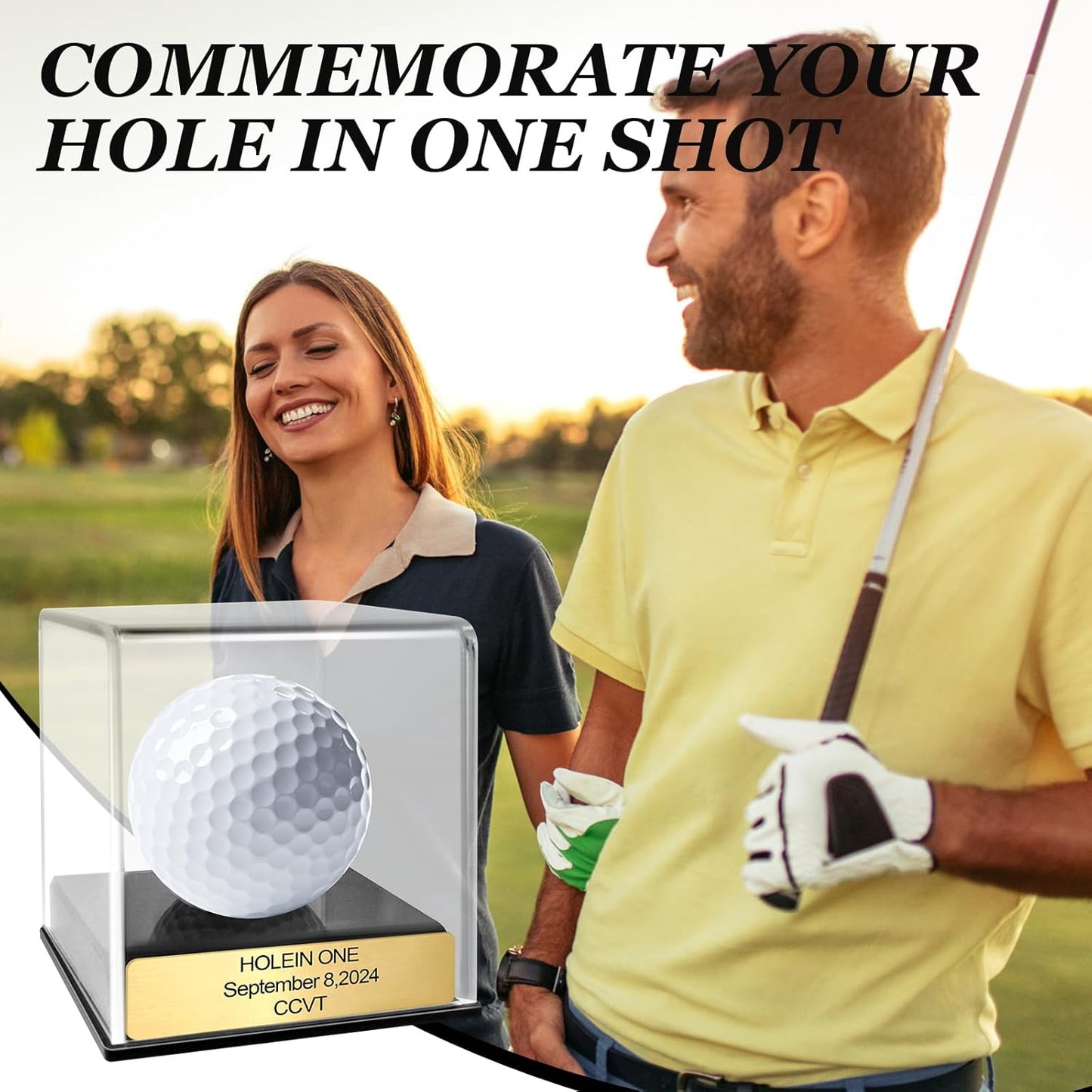 Custom Golf Hole-in-One Display Case, Acrylic Golf Ball Display Case, Custom Engraved Plaque, Commemorate Your Hole in One Shot (Black)