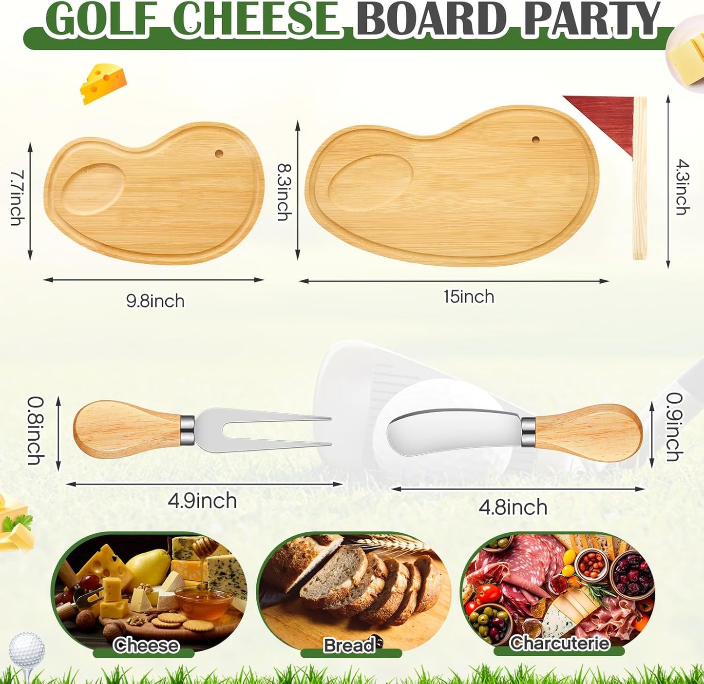 Golf Cheese Board Gift Set Golf Party Favor Prizes Charcuterie Wood Board with Knives and Box Father Day Gift for Dad Grandpa Party Tournament Game(Bamboo Color,15 x 8.3 x 0.47 ")