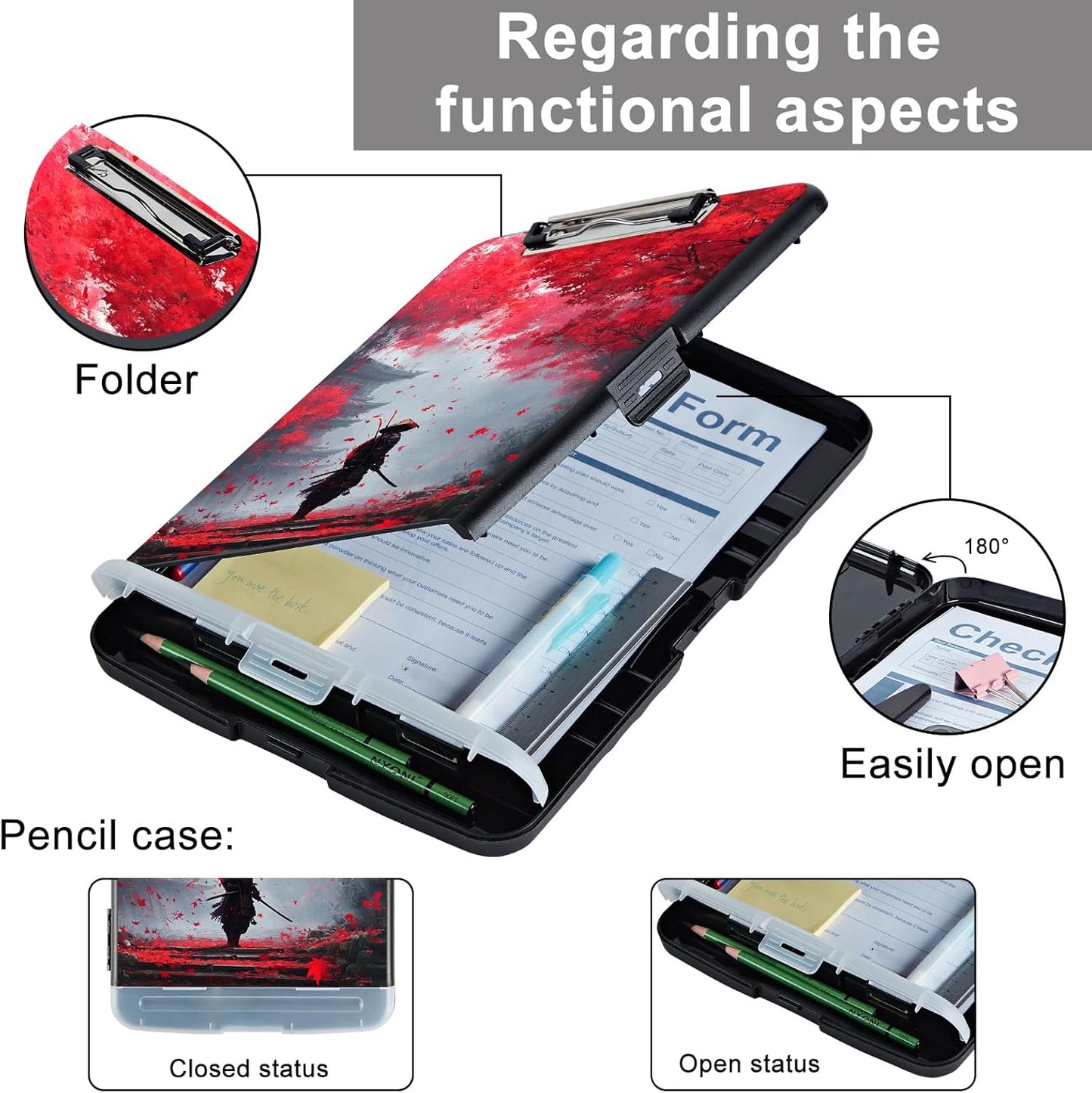 Clipboard with Storage - Large Capacity,Nursing Clipboard with Pen Holder,Heavy Duty,Plastic Side-Opening Folder for Teacher,Nurse - Japanese Samurai
