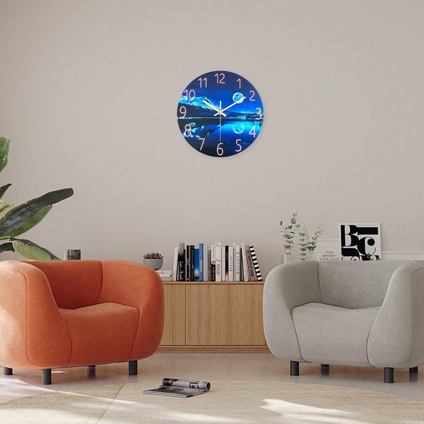 Blue Wall Clocks for Living Room 14 Inch Analog Wall Clock Battery Operated Moon Clock for Kitchen