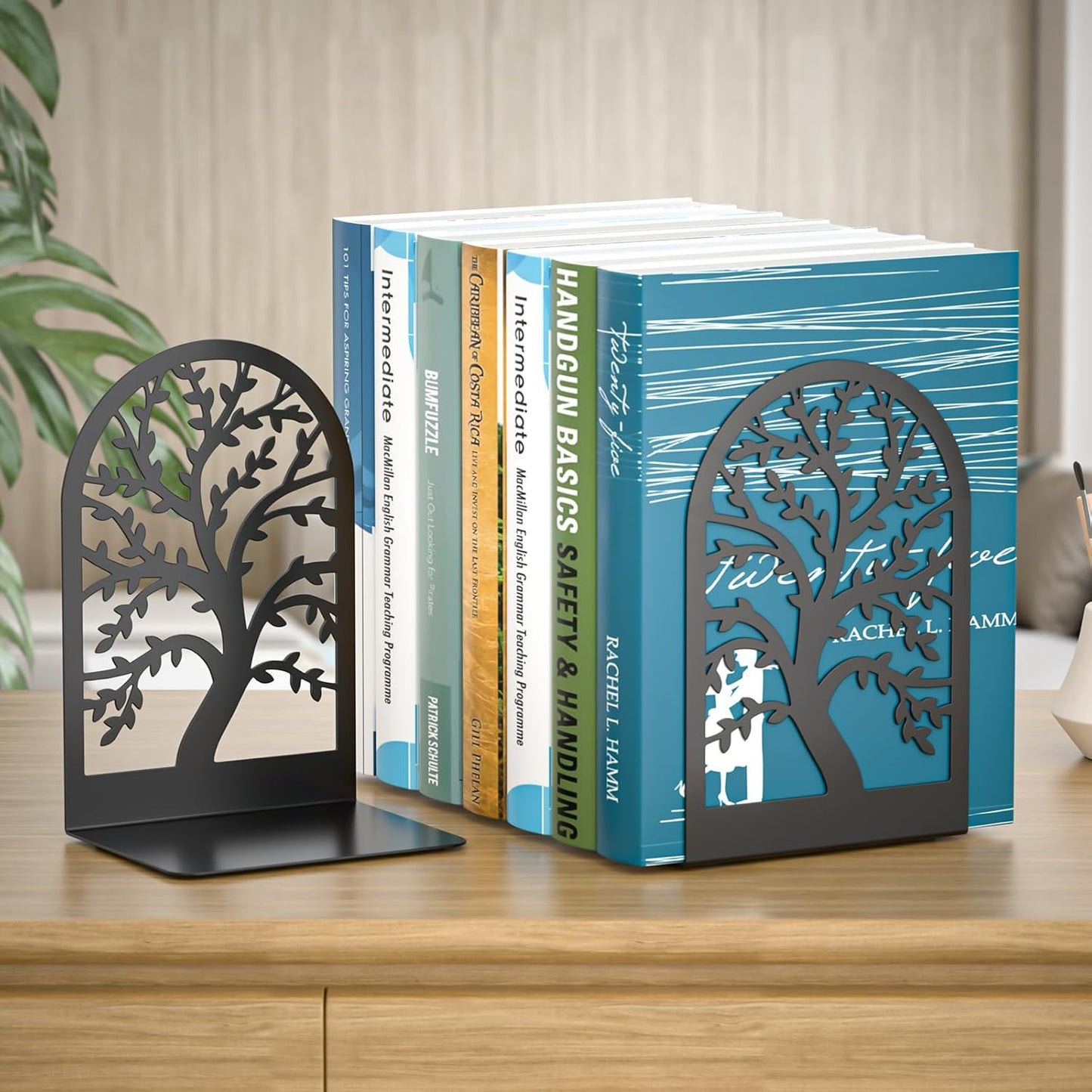 VFINE Decorative Bookends 3 Pairs, Tree Metal Bookends, Unique Black Book Ends to Hold Books, Book Holder for Heavy Books, Home Decorative Book Stoppers for Shelves (6 Pieces)