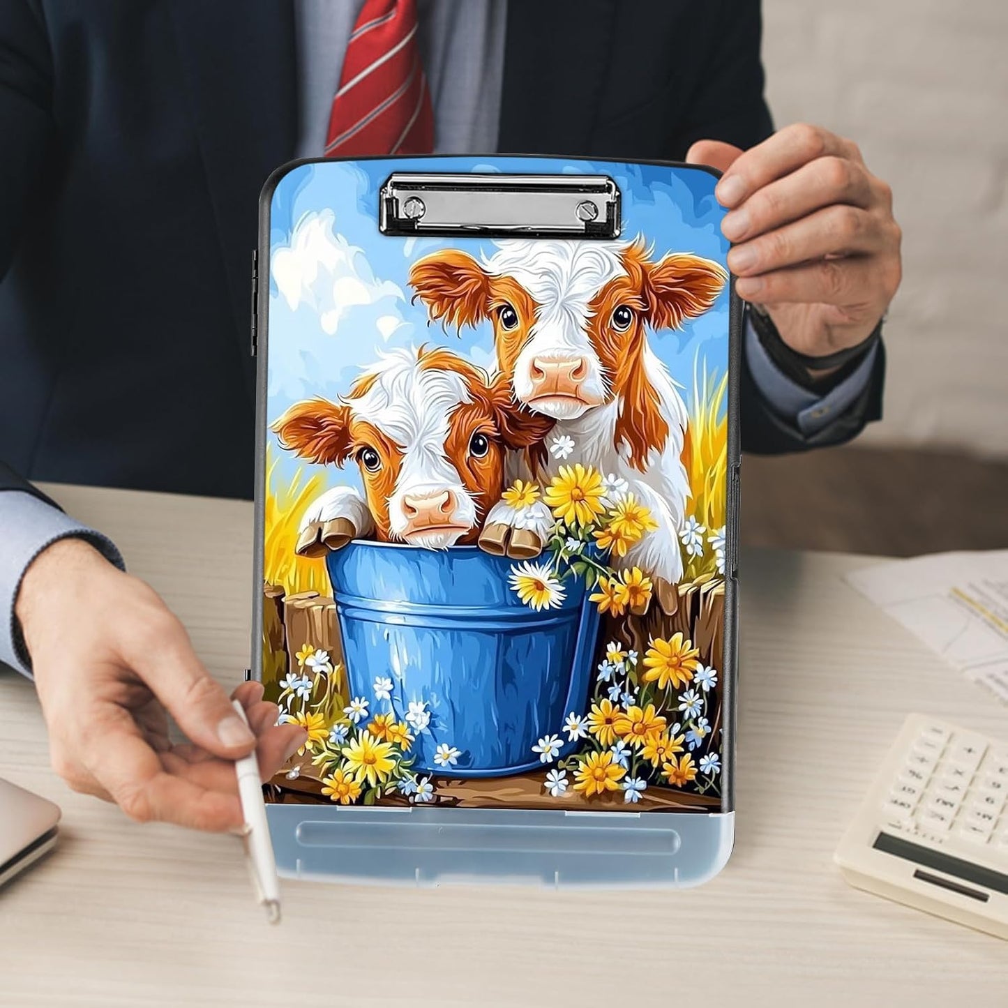 Clipboard with Storage - Large Capacity,Nursing Clipboard with Pen Holder,Heavy Duty,Plastic Side-Opening Folder for Teacher,Nurse - Cute Cows Bucket