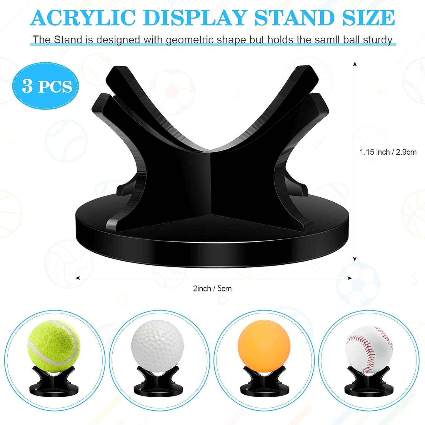 3 Pieces Acrylic Small Ball Stand Holder Sport Ball Display Rack Baseball Display Stand with 3 Pieces Non-Slip Rubber Pads for Baseball Golf Softball Tennis Spheres