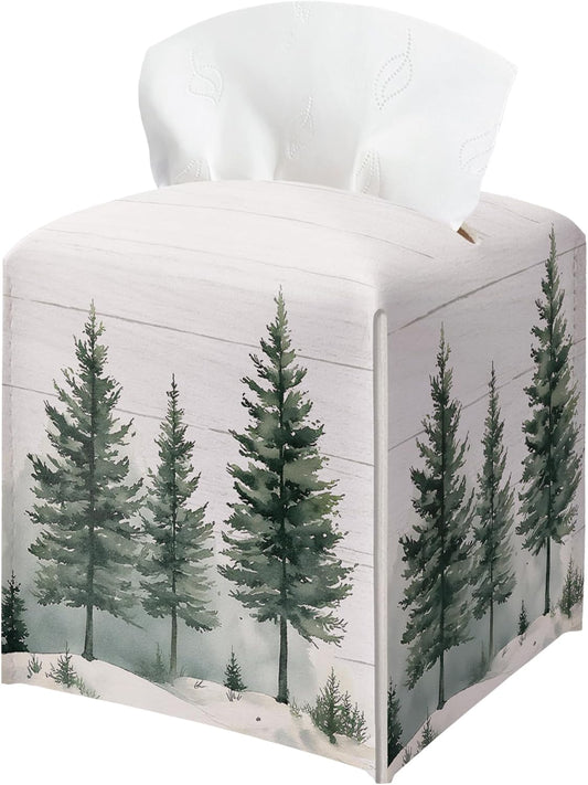 Winter Pine Tree Tissue Box Holder, Christmas Tree Leather Tissue Box Cover Square with Bottom Belt, Paper Facial Decorative Tissues Cover for Night Stands Bathroom Kitchen Office Home Decor-B21