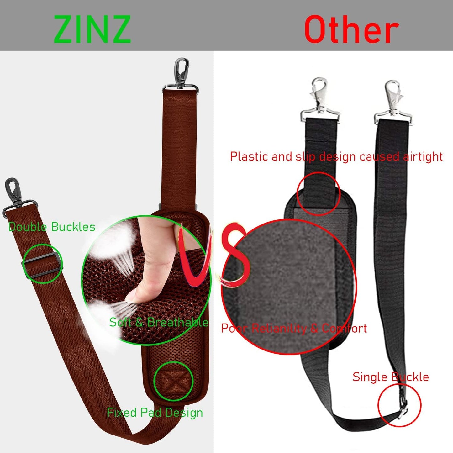 ZINZ 77 Inch Shoulder Strap Univesal Bag Strap with Fixed Pad Ultra Thick Plus Long & Breathable Cushion, Replacement Strap for Bags,Brown