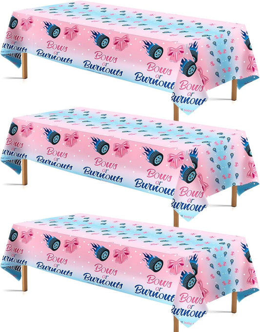Grencian 3Pcs Burnouts or Bows Gender Reveal Tablecloth Boy or Girl Table Cover Plastic Rectangle He or She Table Cloth Party Decorations for Gender Reveal Baby Shower Party Supplies 54" x 107"