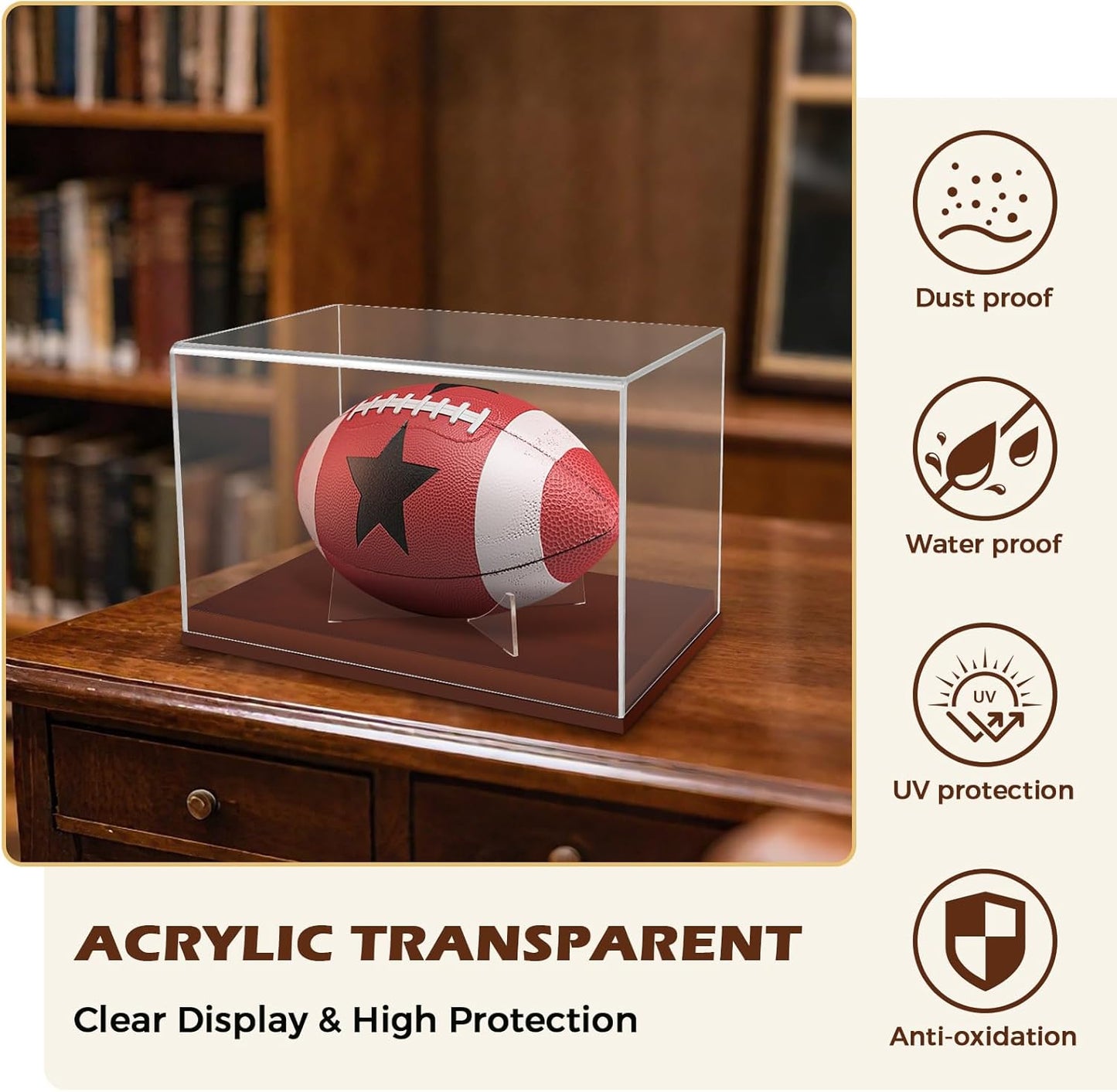 Full Size Football Display Case, Acrylic Football Case Display Case Autographed Football Holder, Acrylic Transparent Box with Wooden Support and Solid Wood Base