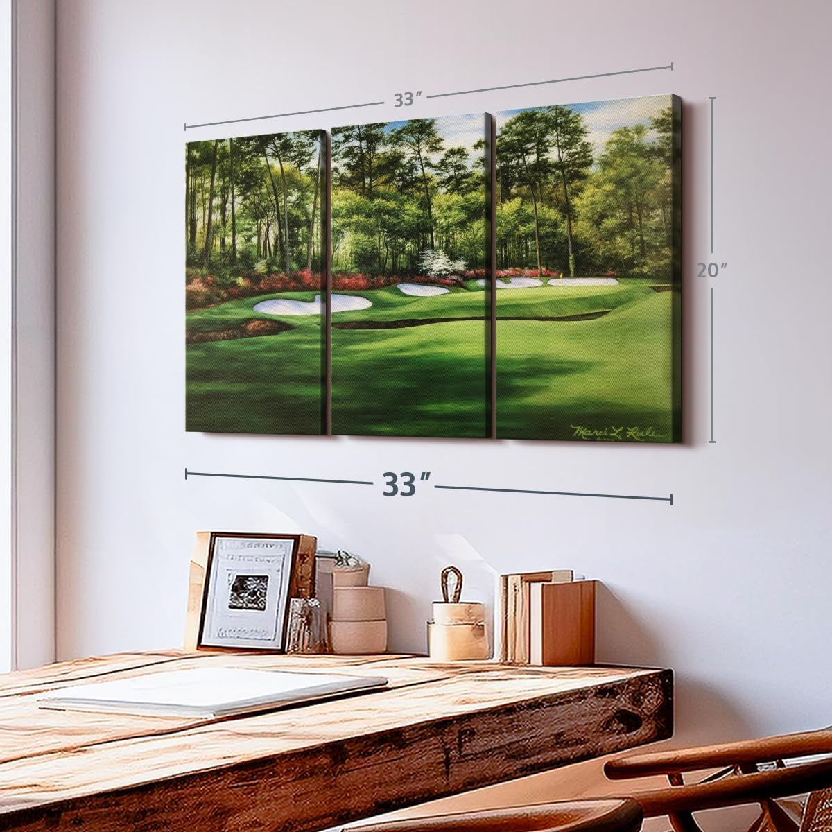 ElephantStock Augusta National 13th Hole I Wall Art - Horizontal Canvas - 3-Piece Living Room Wall Decor - Painting Sports Canvas Print - Green and Red Decor for Wall by Marci Rule - 33" X 20"