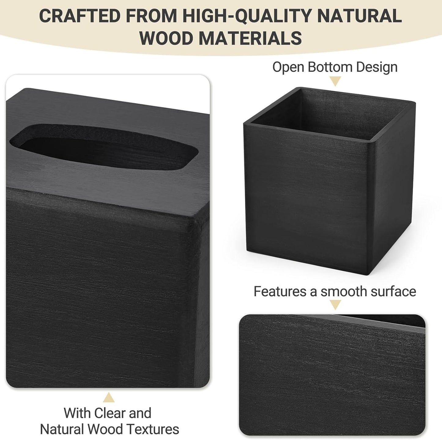Mkono Tissue Box Cover Square Open-Bottom Wood Tissue Box Holder Decorative Facial Cube Organizer Modern Farmhouse Decor for Bathroom Bedroom Dresser Living Room Office Dorm, Black